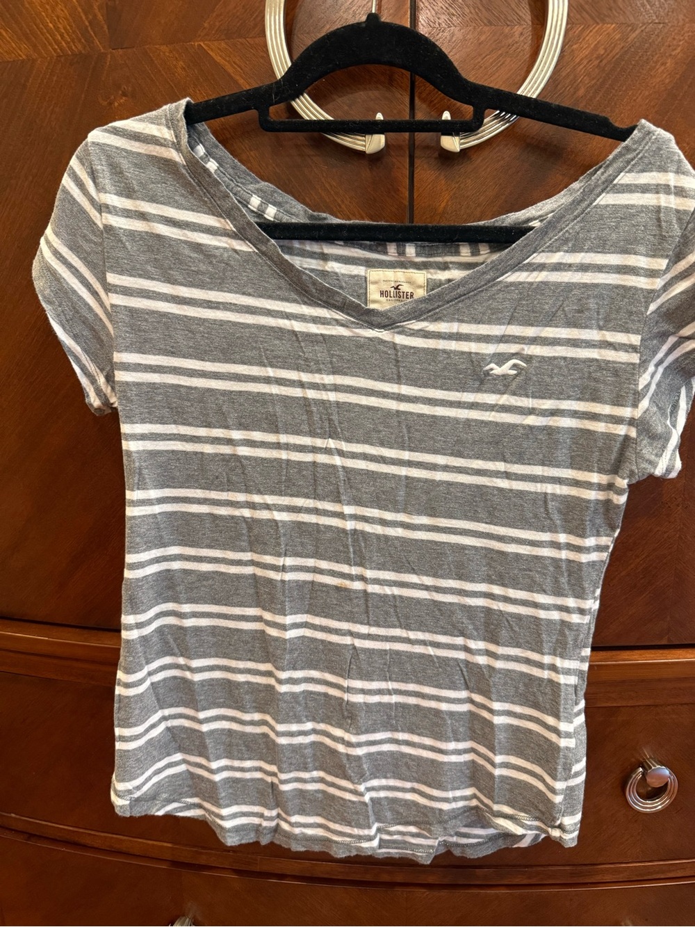 Hollister Gray and White Striped V-Neck Tee